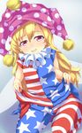  american_flag_dress blonde_hair clenched_teeth clownpiece dress dress_lift grin hat highres jester_cap konata_gazel long_hair neck_ruff pantyhose red_eyes sharp_teeth smile solo striped striped_dress striped_legwear teeth touhou 