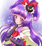  absurdres bad_id bad_pixiv_id black_gloves black_hat bow capelet cure_magical gloves hair_bow hand_on_own_face hat highres izayoi_liko long_hair magical_girl mahou_girls_precure! mini_hat mini_witch_hat precure purple_eyes purple_hair red_bow sharumon solo upper_body witch_hat 