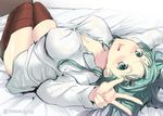  blush breasts cleavage gin'ichi_(akacia) green_eyes green_hair huge_breasts kantai_collection looking_at_viewer lying on_back on_bed open_clothes open_shirt parted_lips shiny shiny_skin shirt solo suzuya_(kantai_collection) thighhighs tongue tongue_out v white_shirt 