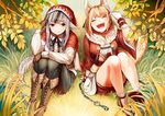  :d ^_^ animal_ears blonde_hair closed_eyes fire_emblem fire_emblem_if fox_ears from_above gloves grass grey_hair hood kinu_(fire_emblem_if) leaf multiple_girls official_art on_ground open_mouth red_eyes sitting smile tree_branch velour_(fire_emblem_if) wolf_ears 