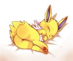  ambiguous_gender black_nose butt eeveelution eyes_closed feral fur happy jolteon lying nintendo paws pok&eacute;mon rear_view relaxing simple_background solo spanking649 video_games yellow_fur 