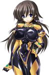  absurdres ass_visible_through_thighs blush bodysuit breasts brown_hair covered_navel covered_nipples hair_ribbon highres large_breasts long_hair muvluv muvluv_alternative muvluv_total_eclipse parted_lips pilot_suit purple_eyes ribbon shiny shiny_clothes simple_background skin_tight solo standing takamura_yui teeth very_long_hair white_background yakkey 