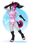 2016 anthro black_hair breasts canine clothed clothing coyote dog etuix female fur grey_fur hair hi_res husky hybrid looking_at_viewer mammal nipples open_mouth panties pink_hair pinup pose simple_background smile solo tongue underwear 