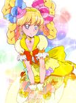  asahina_mirai bow braid breasts candy_hair_ornament choker cure_miracle earrings food_themed_hair_ornament frills hair_ornament hairband hat jewelry kneeling looking_at_viewer magical_girl mahou_girls_precure! mini_hat mini_witch_hat multicolored multicolored_background pink_hat precure puffy_sleeves purple_eyes red_bow shoes short_hair skirt small_breasts smile solo sparkle thigh_strap thighhighs tj-type1 topaz_style white_legwear witch_hat yellow_footwear yellow_skirt 