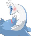  3_fingers ambiguous_gender blue_feathers blush dragon eruku eyes_closed feathers feral latios legendary_pok&eacute;mon nintendo pok&eacute;mon simple_background sleeping solo video_games white_background white_feathers 