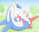  &lt;3 ambiguous_gender blue_feathers cute dragon duo eruku eyes_closed feathers female feral grass hug larger_male latias latios legendary_pok&eacute;mon male nintendo outside pok&eacute;mon red_feathers size_difference sleeping smaller_female smile video_games white_feathers 