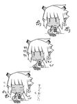  1girl =_= bangs blunt_bangs blush chibi closed_eyes dark_skin dragon_girl dragon_horns eating food greyscale horns jin_(mugenjin) kokuryuu-chan long_sleeves meme_attire monochrome neck_ribbon original pocky ribbon shirt simple_background sketch solo spiked_hair translation_request virgin_killer_outfit wavy_mouth white_background 