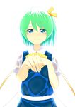  blue_dress blue_eyes blush daiyousei dress fairy_wings green_hair hair_ribbon highres looking_at_viewer puffy_sleeves ribbon sash short_hair short_sleeves side_ponytail simple_background smile solo sugiura_rippu tears touhou upper_body white_background wings 