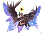  2016 absurdres alternate_weapon arm_cannon bird_wings black_hair black_legwear black_wings boots bow cape crossed_legs dated energy_ball feathered_wings full_body green_skirt hair_bow highres large_wings long_hair looking_at_viewer miniskirt mismatched_footwear nebula panties puffy_short_sleeves puffy_sleeves red_eyes reiuji_utsuho shirt shoes short_sleeves shou_mai signature simple_background single_boot single_shoe skirt smile solo spread_wings thighhighs touhou underwear upskirt weapon white_background white_panties white_shirt wings 