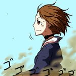  blue_jacket brown_eyes brown_hair comic dust_cloud girls_und_panzer jacket long_sleeves looking_to_the_side military military_uniform nishizumi_miho noumen ooarai_military_uniform short_hair solo throat_microphone translated uniform 