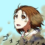  blue_jacket brown_eyes brown_hair comic dust_cloud girls_und_panzer jacket long_sleeves looking_up military military_uniform nishizumi_miho noumen ooarai_military_uniform short_hair solo throat_microphone translated uniform 