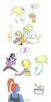  2015 alphys ambiguous_gender before_and_after blue_skin boots boss_monster clothing cybernetics cyborg eyewear footwear glasses group happy humor isabunnie machine mettaton mirror monster monster_kid open_mouth robotics simple_background teeth tongue tongue_out undertale undyne video_games white_background wide_eyed 