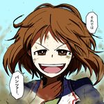  blue_jacket brown_eyes brown_hair comic dust_cloud girls_und_panzer jacket long_sleeves looking_at_viewer military military_uniform nishizumi_miho noumen ooarai_military_uniform open_mouth short_hair smile solo throat_microphone translated uniform 