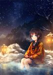  1girl ahoge black_hair black_serafuku black_skirt blue_eyes braid commentary_request hair_over_shoulder kantai_collection kiuzu_(ko_kiu2) lantern looking_at_viewer night onsen open_mouth pleated_skirt school_uniform serafuku shigure_(kancolle) sitting skirt snow solo 