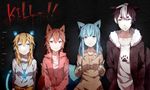  3girls :&lt; :/ :3 animal_ears aqua_eyes aqua_hair axent_wear bad_id bad_pixiv_id blonde_hair blue_eyes brown_eyes brown_hair cat_ear_headphones cat_ears collarbone double_v english eyebrows fur_trim hands_in_pockets headphones highres jacket lm_(linmiu39) long_hair looking_at_viewer multicolored_hair multiple_girls necktie original paw_print shirt smile tail two-tone_hair v white_hair white_shirt 