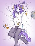  2016 anthro anthrofied armpits blue_eyes clothed clothing crossgender cutie_mark equine friendship_is_magic girly glacierclear hair hi_res horn legwear long_hair looking_at_viewer lying male mammal my_little_pony on_back penis purple_hair rarity_(mlp) solo topless underwear unicorn white_skin 