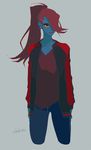  alternate_costume arms_at_sides artist_name blue_skin chibimu collarbone denim eyeshadow grey_background hair_over_one_eye head_fins highres jacket lips makeup monster_girl parted_lips ponytail red_eyes red_hair simple_background solo track_jacket undertale undyne v-neck yellow_sclera 