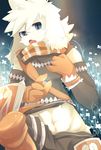  2016 anthro blue_background blue_eyes canine cheek_tuft clothed clothing dog fur gloves hair looking_at_viewer male mammal nekojita open_mouth panashe scarf simple_background solo summon_night tuft white_fur white_hair 