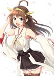  :d adjusting_hair ahoge bare_shoulders black_skirt blush boots breasts brown_hair detached_sleeves double_bun hairband headgear japanese_clothes kantai_collection kongou_(kantai_collection) large_breasts long_hair looking_at_viewer nontraditional_miko open_mouth petals remodel_(kantai_collection) ribbon-trimmed_sleeves ribbon_trim sarashi shigure_ryuunosuke silver_eyes skirt smile solo thigh_boots thighhighs wide_sleeves wind zettai_ryouiki 