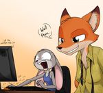  anthro canine clothing computer disney duo female fox fur green_eyes grey_fur humor invalid_tag judy_hopps lagomorph long_ears male mammal necktie nick_wilde open_mouth purple_eyes sandwich-anomaly shirt shocked simple_background smile tank_top unbuttoned_shirt zootopia 