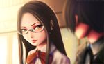  1girl bow brown_eyes brown_hair forehead fushimi_chihiro glasses highres lips long_hair looking_at_another miura-n315 parted_lips persona persona_3 school_uniform solo_focus watermark web_address yuuki_makoto 