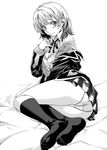  bed_sheet blazer blush bra breasts cardigan cleavage dress_shirt feet greyscale highres isshiki_iroha jacket kneehighs medium_breasts monochrome nagayori no_shoes off_shoulder open_blazer open_cardigan open_clothes open_jacket open_shirt panties school_uniform shirt skirt smile socks solo underwear yahari_ore_no_seishun_lovecome_wa_machigatteiru. 