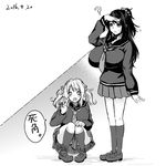  ? breasts character_request check_translation commentary_request greyscale huge_breasts inconvenient_breasts kneehighs kurokawa_otogi long_hair monochrome multiple_girls original ponytail school_uniform skirt squatting sweatdrop translated translation_request twintails v 