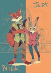  2016 canine disney duo female fox fur jacket_(artist) judy_hopps lagomorph male mammal nick_wilde rabbit zootopia 