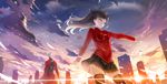  1girl archer black_hair black_legwear blue_eyes cloud contrapposto fate/stay_night fate_(series) highres kyokucho long_hair long_sleeves outstretched_arm pleated_skirt silver_hair skirt sky standing sunset sweater thighhighs thighs toosaka_rin two_side_up wind wind_lift zettai_ryouiki 