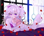  :/ akemaru breasts cleavage collarbone curtains lavender_hair long_hair looking_at_viewer lying on_stomach original petals pink_eyes small_breasts solo sparkle two_side_up window 