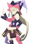  absurdres black_sleeves blonde_hair book detached_sleeves green_eyes hair_between_eyes hat highres long_hair magilou_(tales) mismatched_legwear mismatched_sleeves official_art pink_sleeves simple_background solo tales_of_(series) tales_of_berseria very_long_hair white_background witch_hat 