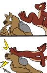 2016 aliasing ambiguous_gender angry anthro armor comic digital_media_(artwork) duo fight fur gnoll horn hyena kick knife kobold mammal nude open_mouth reptile scalie trout_(artist) 