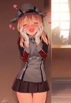  :d ^_^ admiral_(kantai_collection) blew_andwhite blonde_hair blush breasts closed_eyes commentary_request gloves hair_ornament hands_on_own_cheeks hands_on_own_face hat heart highres kantai_collection large_breasts long_hair lovestruck open_mouth peaked_cap prinz_eugen_(kantai_collection) skirt smile thighs twintails uniform white_gloves 