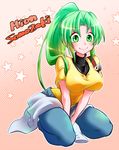  bad_id bad_pixiv_id breasts character_name denim full_body green_eyes green_hair higurashi_no_naku_koro_ni holster jeans kneeling large_breasts marimo_(yousei_ranbu) pants ponytail shirt shoulder_holster smile solo sonozaki_mion star starry_background t-shirt turtleneck 