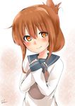  blush brown_hair folded_ponytail hands_on_own_chest highres inazuma_(kantai_collection) kantai_collection logical long_hair long_sleeves looking_at_viewer orange_eyes school_uniform simple_background solo 