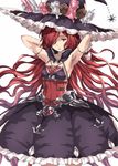  anna_(granblue_fantasy) armpits arms_behind_head arms_up breasts candle dress frills gloves granblue_fantasy hair_over_one_eye hat jewelry long_hair medium_breasts open_mouth rasahan red_hair simple_background solo very_long_hair white_gloves witch witch_hat 