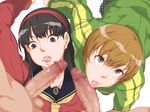  2boys 2girls amagi_yukiko artist_request black_hair brown_hair censored erection fellatio female_focus hairband jacket looking_at_viewer mosaic_censoring multiple_boys multiple_girls penis persona persona_4 satonaka_chie 