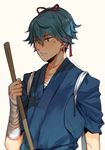  arm_wrap blue_eyes blue_hair broom japanese_clothes male_focus mon_(monsohot) ponytail sayo_samonji solo touken_ranbu upper_body 