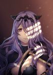  artist_name asymmetrical_clothes bad_id bad_pixiv_id between_breasts breasts camilla_(fire_emblem_if) circlet cleavage closed_mouth dappled_sunlight dust fire_emblem fire_emblem_if gradient gradient_background hair_over_one_eye large_breasts light lips long_hair looking_at_viewer purple_eyes purple_hair rosuuri shade shoulder_pads smile solo strap_cleavage sunlight upper_body watermark web_address 