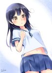  :o bangs black_hair blush breasts from_below hand_on_own_chest highres kantai_collection large_breasts logical long_hair navel open_mouth school_uniform serafuku solo swept_bangs ushio_(kantai_collection) yellow_eyes 