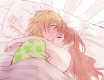  2girls bed blush breasts brown_eyes brown_hair long_hair misaka_mikoto no_bra pink_hair shirai_kuroko short_hair shoujo_ai sketch sleeping to_aru_kagaku_no_railgun to_aru_majutsu_no_index topless usamin 