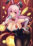 absurdres animal_ears breasts bunny_ears bunny_girl bunnysuit cleavage covered_nipples elbow_gloves fishnets gloves headphones highres huge_breasts huge_filesize nitroplus non-web_source ookuma_(nitroplus) pantyhose pink_hair solo super_sonico 