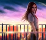  brown_eyes brown_hair forehead fushimi_chihiro glasses guard_rail highres lips long_hair miura-n315 parted_lips persona persona_3 rooftop school_uniform skirt smile solo sunset 