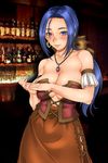  1girl bare_shoulders blue_eyes blue_hair blush bow breasts cleavage corset dragon_quest dragon_quest_ix earrings hair_bow hands_together highres hoop_earrings large_breasts long_hair long_skirt looking_at_viewer pendant ponytail ruida sakuradou shiny shiny_hair shiny_skin skirt smile solo standing 
