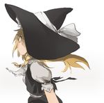  apron black_dress blonde_hair bow braid brown_eyes dress hair_bow hat hat_bow kirisame_marisa long_hair looking_at_viewer looking_back puffy_short_sleeves puffy_sleeves sash shirt short_sleeves simple_background single_braid skirt skirt_set solo touhou unitsu vest waist_apron white_background white_bow witch witch_hat 