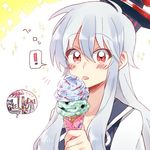  +++ 3girls blue_hair blush cirno commentary eating fujiwara_no_mokou hat ice_cream_cone kamishirasawa_keine long_hair multicolored_hair multiple_girls red_eyes sidelocks silver_hair six_(fnrptal1010) solo_focus sparkle sparkling_eyes spoken_exclamation_mark stall tongue tongue_out touhou two-tone_hair upper_body wrapper 