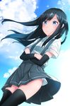  arm_warmers asashio_(kantai_collection) black_hair black_legwear blue_eyes blue_sky blush cloud cloudy_sky comah crossed_arms day kantai_collection long_hair panties pleated_skirt school_uniform shirt short_sleeves skirt sky solo suspenders thighhighs underwear white_panties white_shirt wind wind_lift 