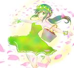  bare_shoulders barefoot basket dress flower_bracelet green_dress green_eyes green_hair head_wreath iesupa ponytail rwby smile solo spring_maiden 