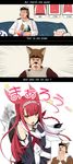  1girl admiral_(kantai_collection) ahoge animal_costume aoki_hagane_no_arpeggio bard_ylvisaker bare_shoulders bear_costume borrowed_character braid brown_eyes brown_hair check_translation comic commentary couch cutting_board darkmaya elf english gameplay_mechanics hair_flaps hairband highres kantai_collection kawakaze_(kantai_collection) kickboard long_hair lyrics meme open_mouth orc pillow pointy_ears remodel_(kantai_collection) ryuujou_(kantai_collection) smoke star translation_request yellow_eyes ylvis yotarou_(aoki_hagane_no_arpeggio) 
