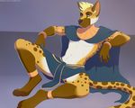  anthro cheetah clothed clothing feline hybrid hyena looking_at_viewer lunalei male mammal simple_background sitting smile solo spread_legs spreading 